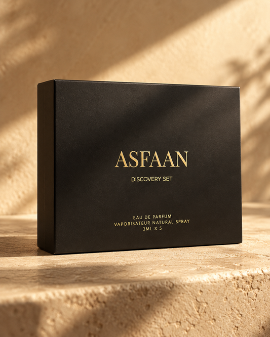 ASFAAN Discovery Set closed matte black sliding sleeve with gold lettering in warm natural light